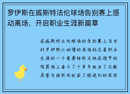 罗伊斯在威斯特法伦球场告别赛上感动离场，开启职业生涯新篇章